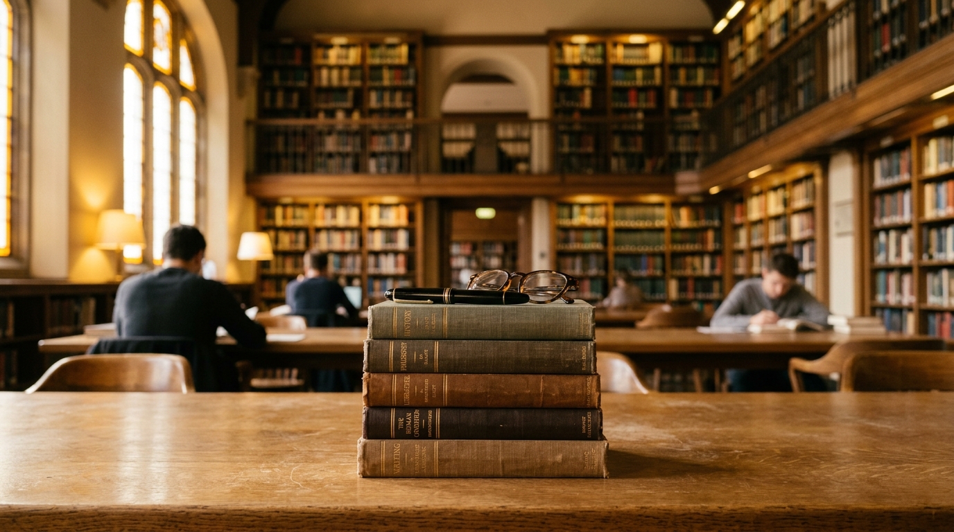 Libros apilados y pluma sobre escritorio evocan el Premio Nobel de Literatura 2026